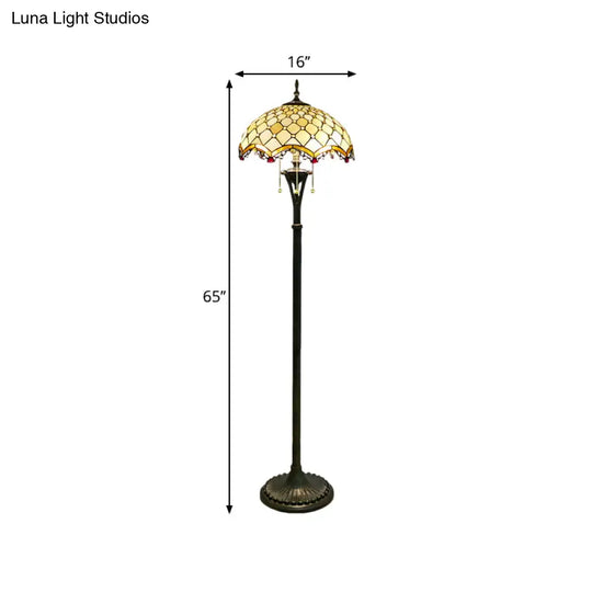 Baroque Brass Cut Glass Floor Lamp With Scalloped Reading Lights And Beaded/Floral Pattern