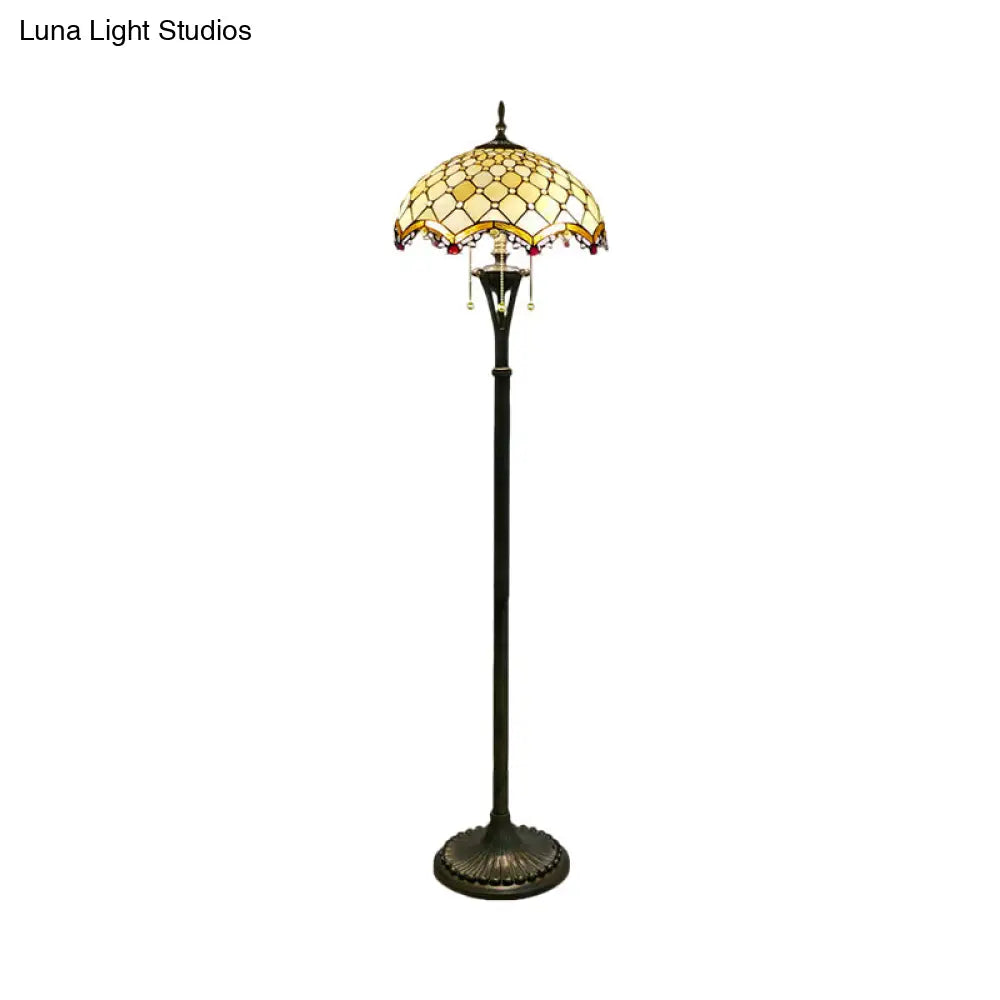 Baroque Brass Cut Glass Floor Lamp With Scalloped Reading Lights And Beaded/Floral Pattern