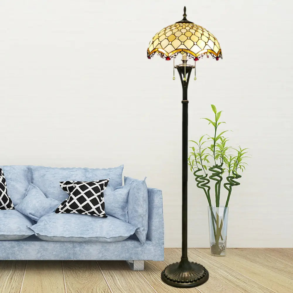 Baroque Brass Cut Glass Floor Lamp With Scalloped Reading Lights And Beaded/Floral Pattern / A