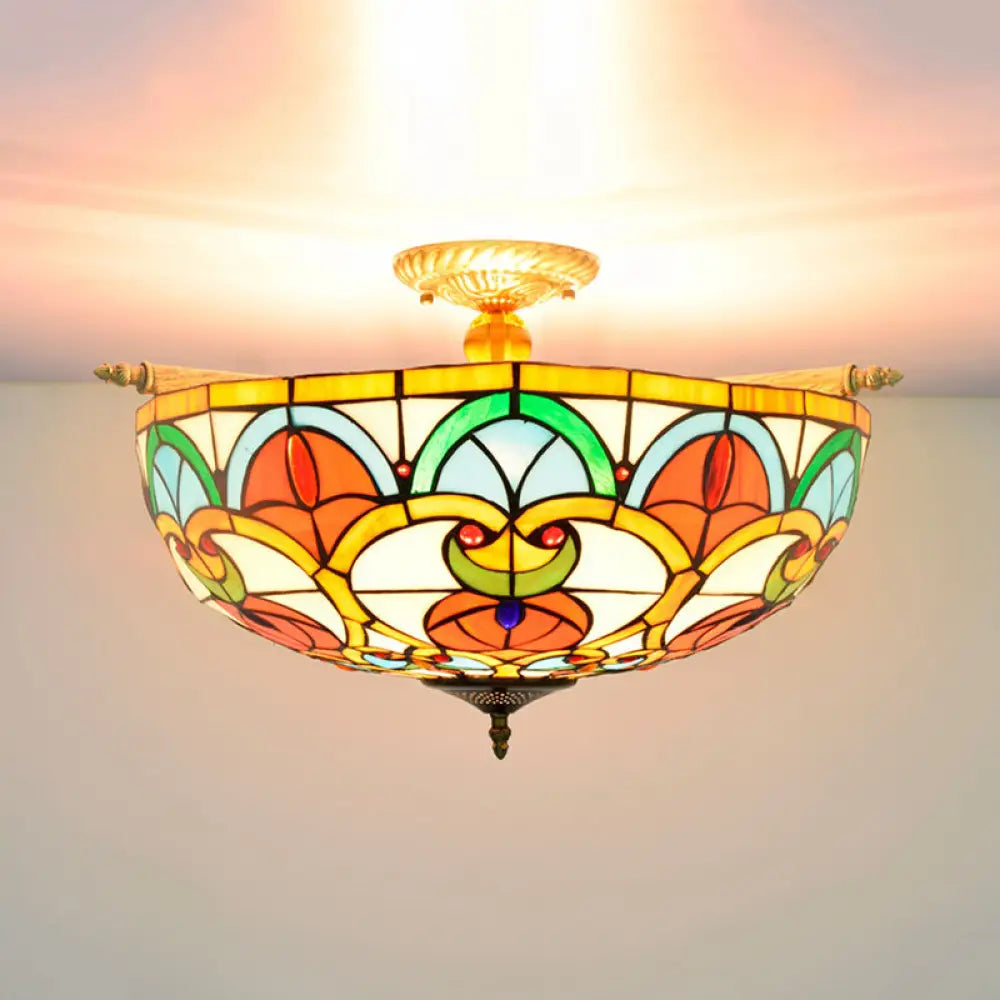 Baroque Brass Jewel Ceiling Lamp - 5 Multicolored Stained Glass Bulbs (21.5’/25.5’) Semi Flush