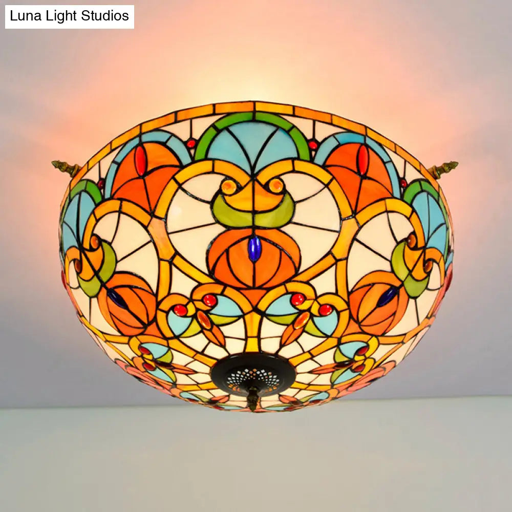 Baroque Brass Jewel Ceiling Lamp - 5 Multicolored Stained Glass Bulbs (21.5’/25.5’) Semi Flush