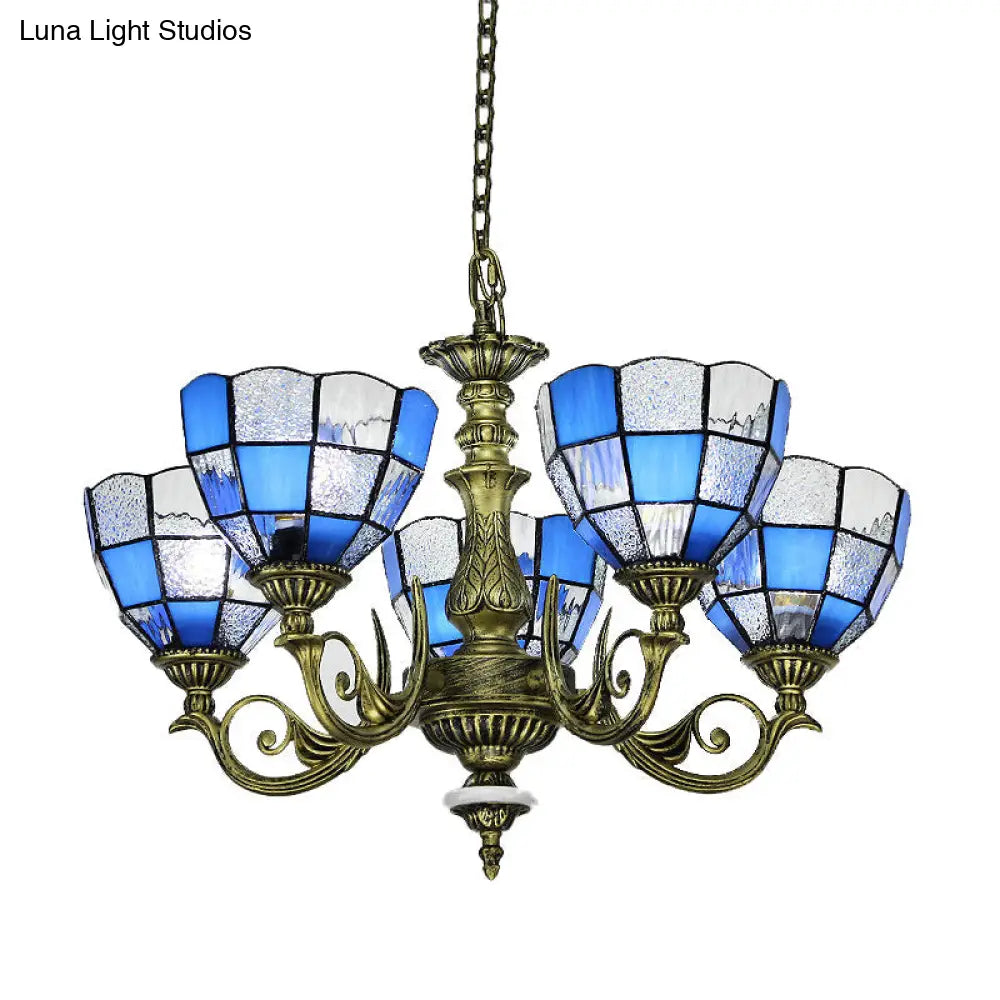 Baroque Domed Chandelier In Bronze With Blue/Textured White Glass Lights - Ideal For Bedroom