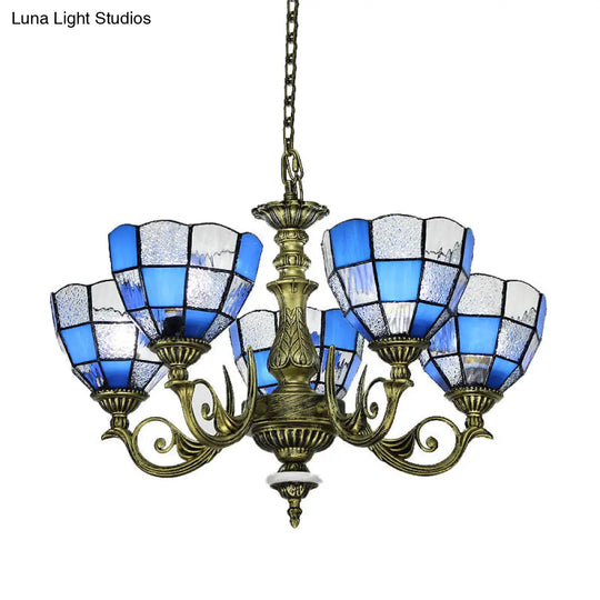 Baroque Domed Chandelier In Bronze With Blue/Textured White Glass Lights - Ideal For Bedroom