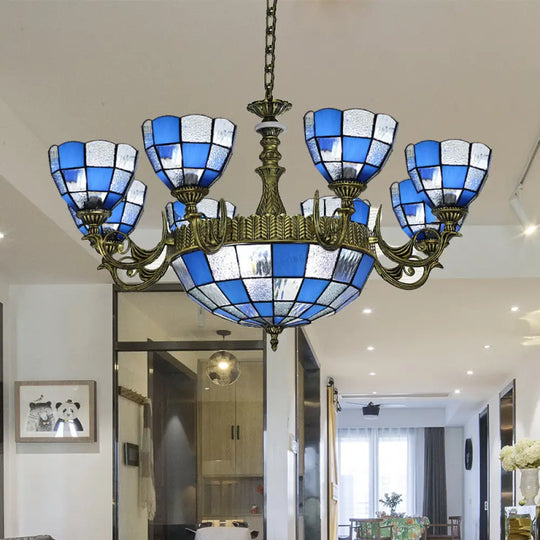 Baroque Bronze Domed Chandelier With Blue/Textured White Glass For Bedroom - 5/9/11 Lights 11 / Blue