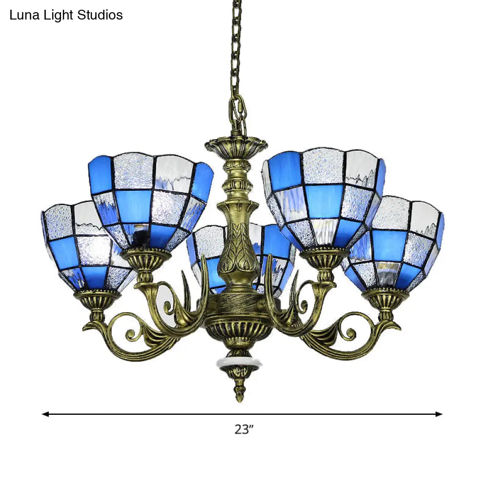 Baroque Bronze Domed Chandelier With Blue/Textured White Glass For Bedroom - 5/9/11 Lights