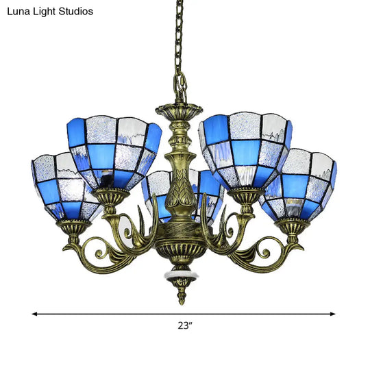 Baroque Bronze Domed Chandelier With Blue/Textured White Glass For Bedroom - 5/9/11 Lights