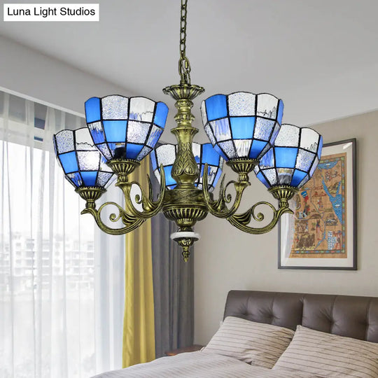 Baroque Domed Chandelier In Bronze With Blue/Textured White Glass Lights - Ideal For Bedroom