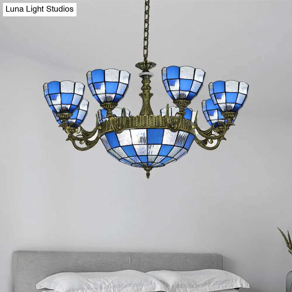 Baroque Bronze Domed Chandelier With Blue/Textured White Glass For Bedroom - 5/9/11 Lights