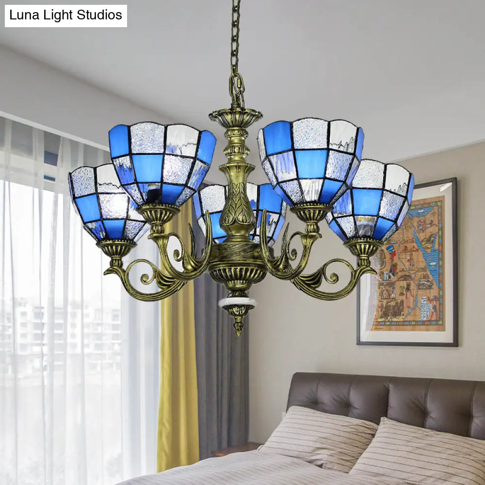 Baroque Bronze Domed Chandelier With Blue/Textured White Glass For Bedroom - 5/9/11 Lights