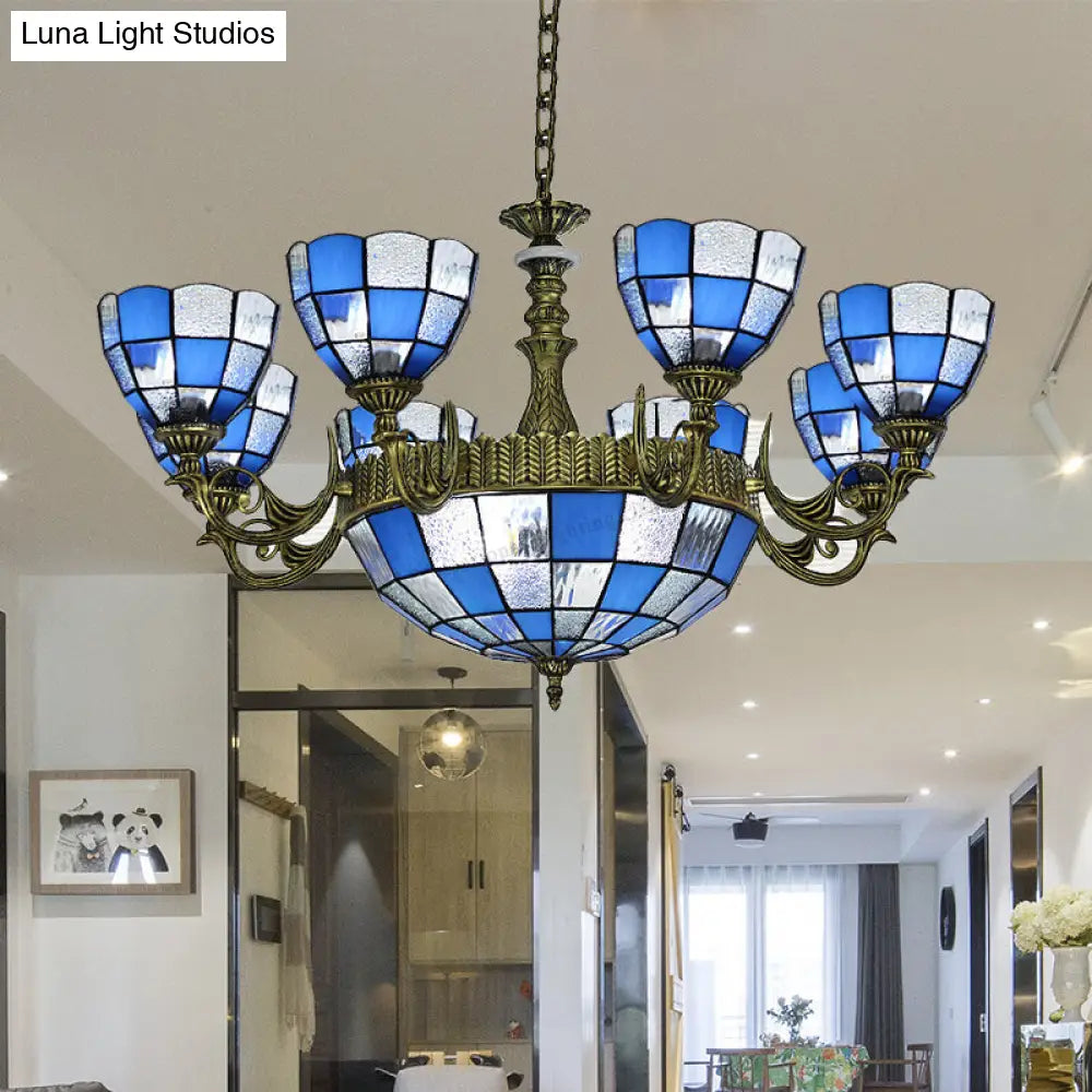 Baroque Domed Chandelier In Bronze With Blue/Textured White Glass Lights - Ideal For Bedroom 11 /