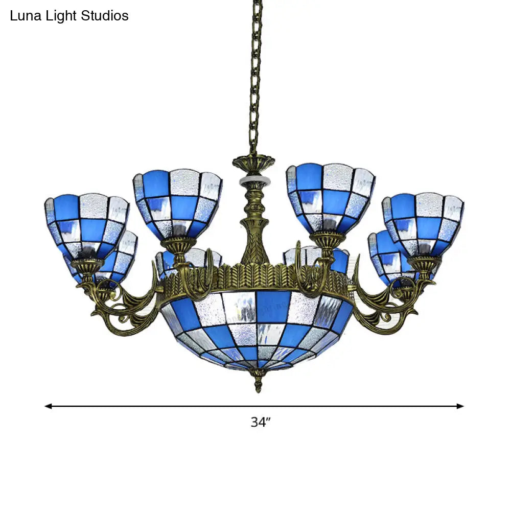 Baroque Bronze Domed Chandelier With Blue/Textured White Glass For Bedroom - 5/9/11 Lights