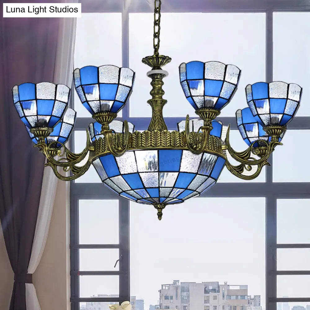 Baroque Domed Chandelier In Bronze With Blue/Textured White Glass Lights - Ideal For Bedroom