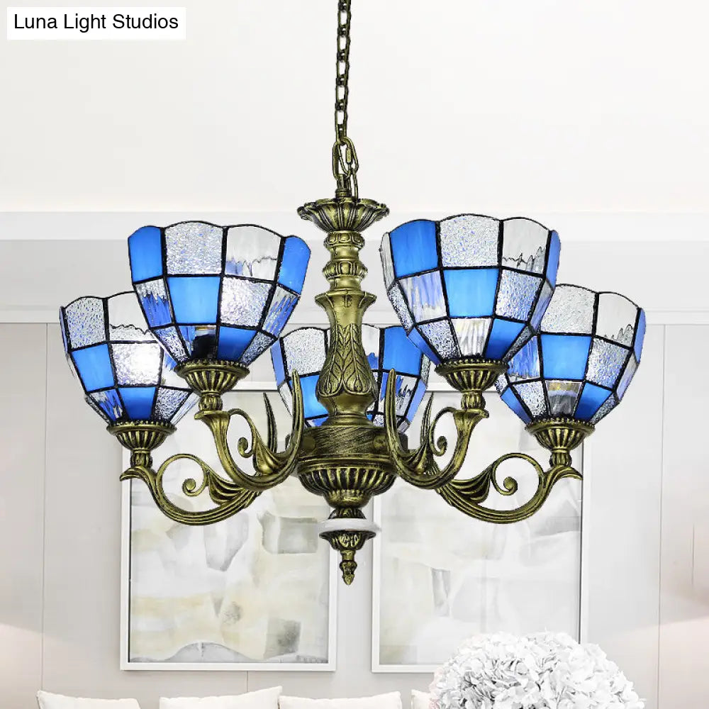 Baroque Domed Chandelier In Bronze With Blue/Textured White Glass Lights - Ideal For Bedroom 5 /