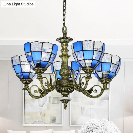 Baroque Domed Chandelier In Bronze With Blue/Textured White Glass Lights - Ideal For Bedroom 5 /