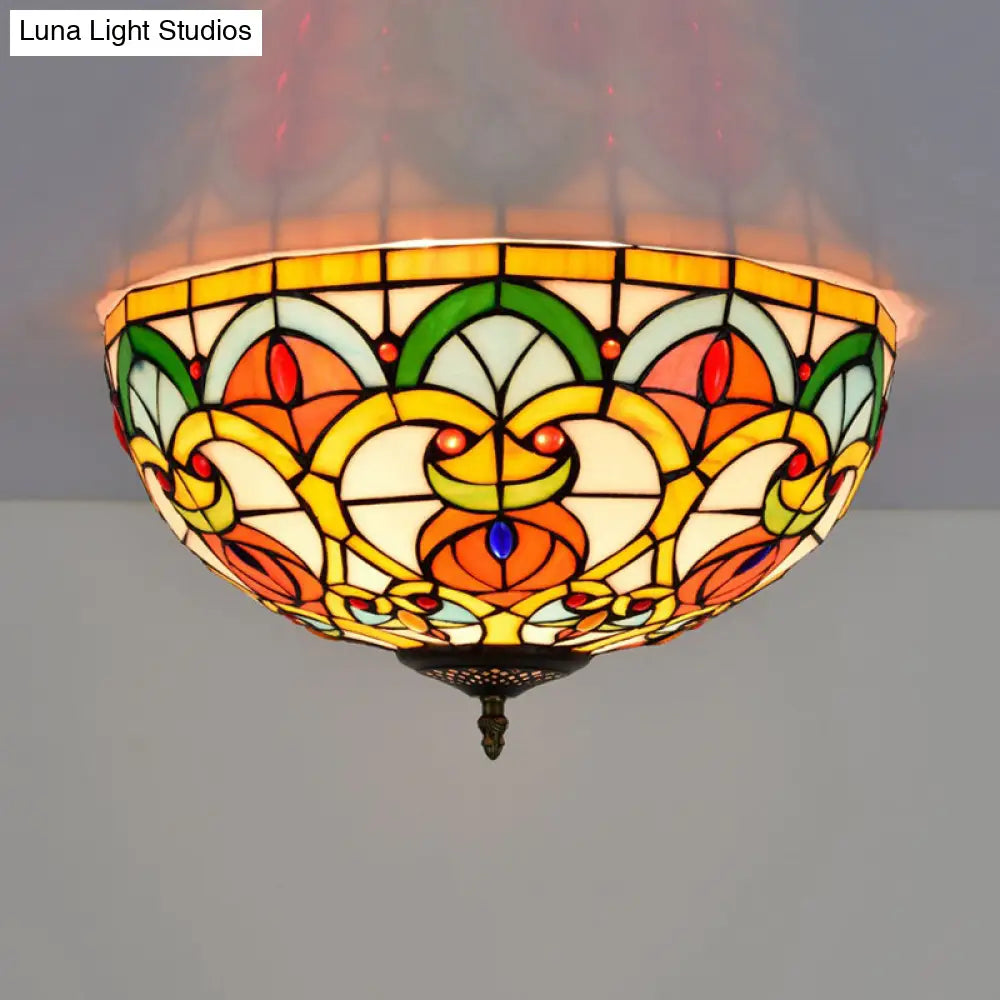 Baroque Bronze Stained Glass Dome Ceiling Lamp – 3-Light Flush Mount For Kitchen
