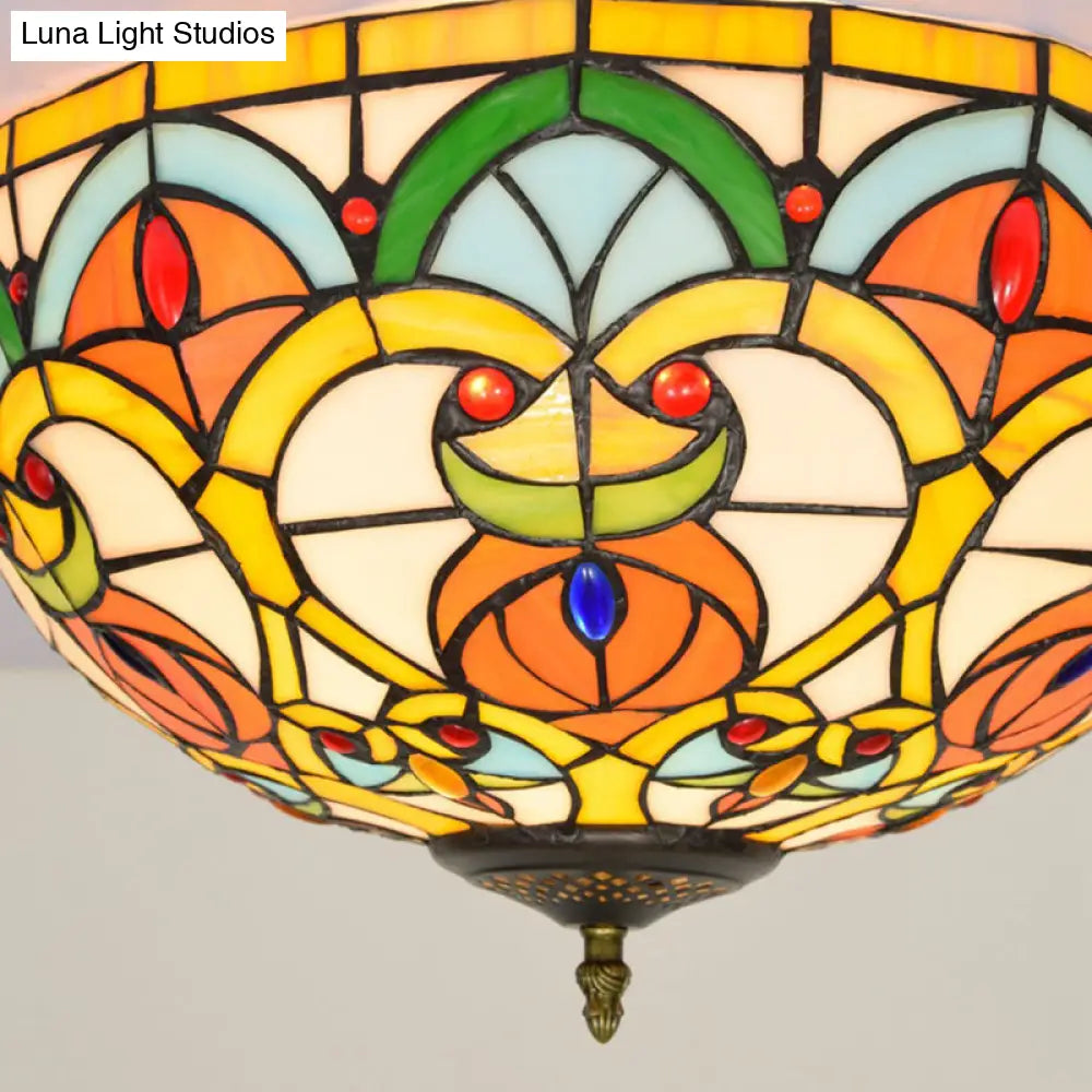 Baroque Bronze Stained Glass Dome Ceiling Lamp – 3-Light Flush Mount For Kitchen