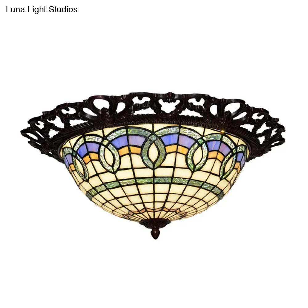 Baroque Bronze Stained Glass Led Ceiling Lamp With Grid Bowl Shape - Flush Mount Lighting