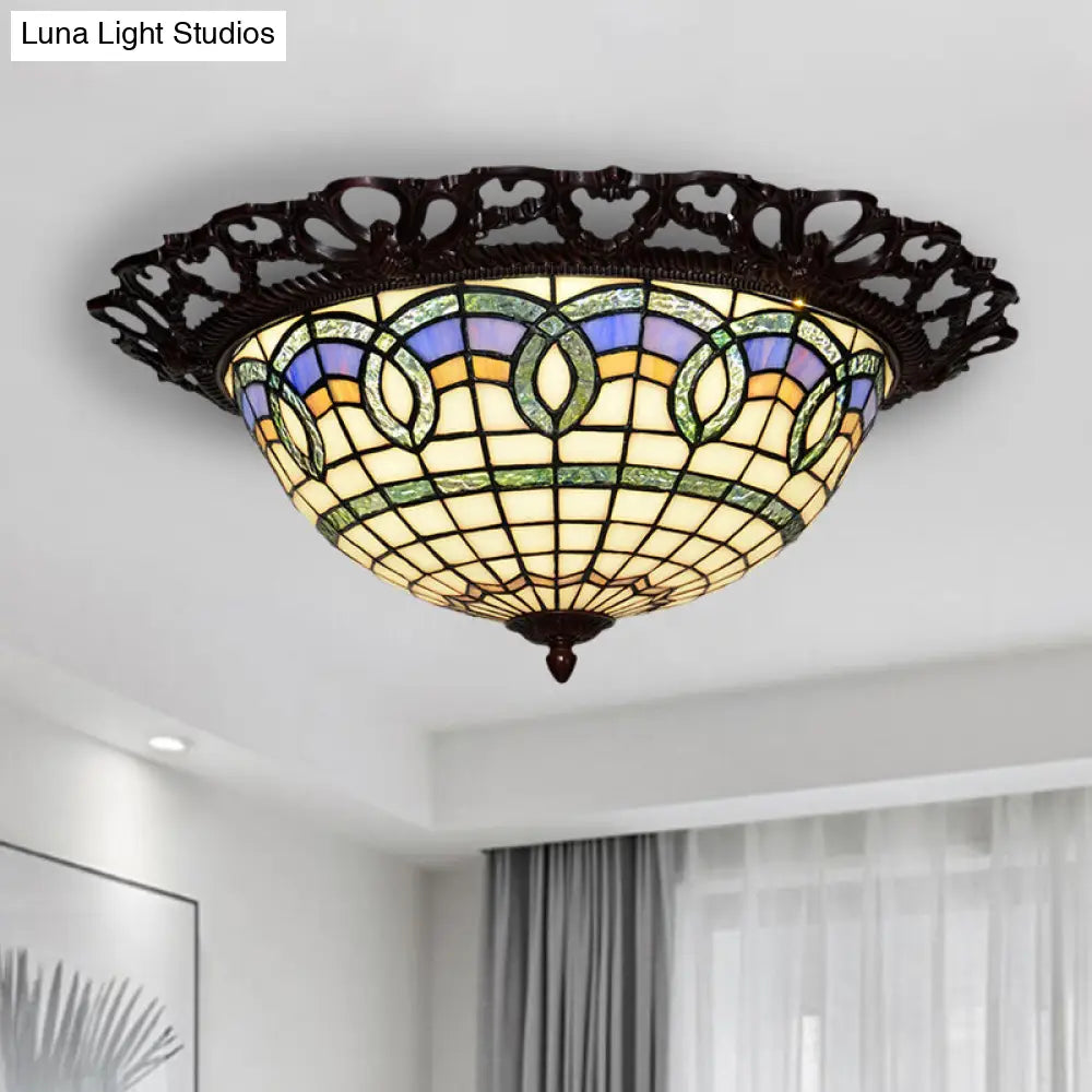 Baroque Bronze Stained Glass Led Ceiling Lamp With Grid Bowl Shape - Flush Mount Lighting Brown