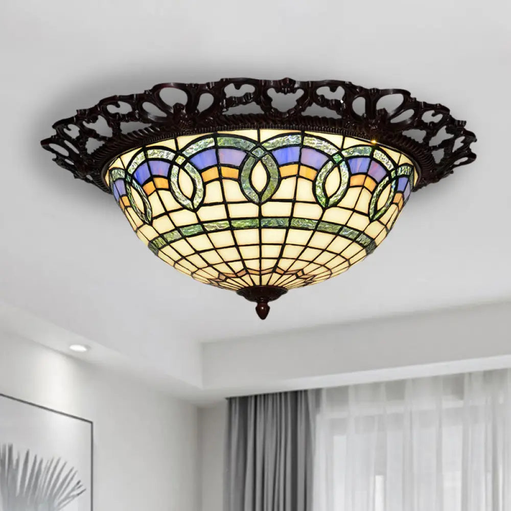 Baroque Bronze Stained Glass Led Ceiling Lamp With Grid Bowl Shape - Flush Mount Lighting Brown