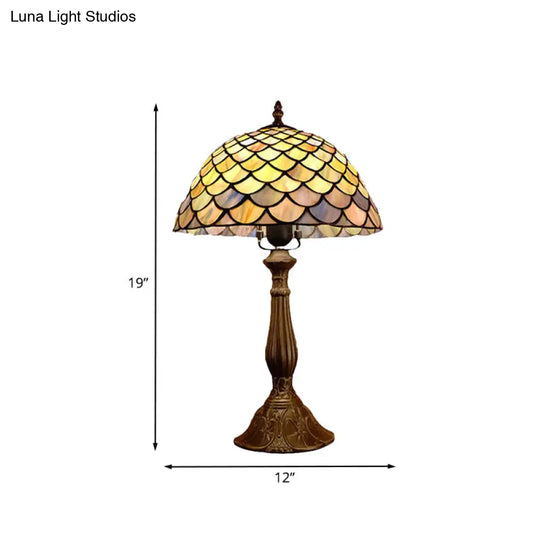 Baroque Bronze Table Lamp With Hand Cut Glass Dome And Scale Pattern