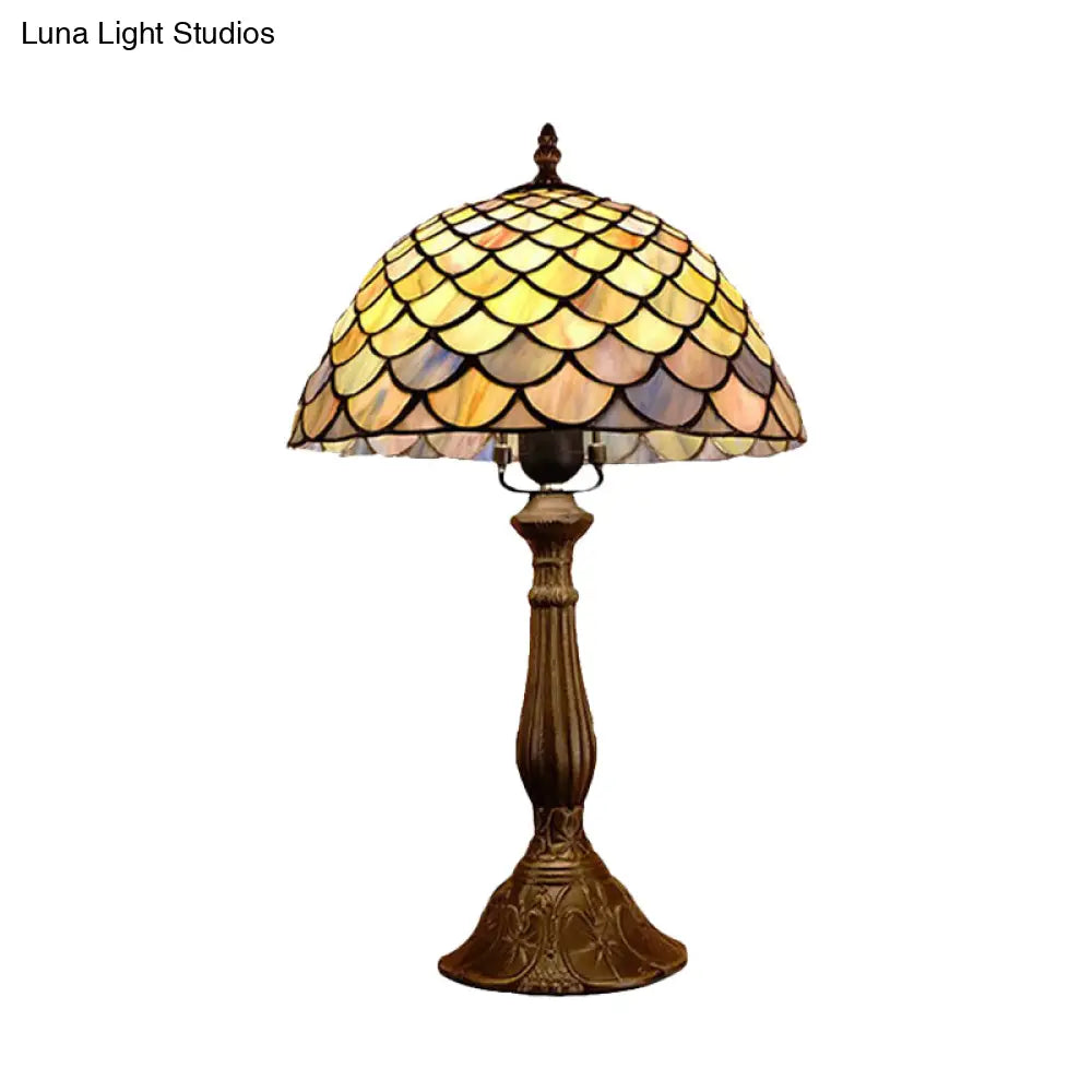 Baroque Bronze Table Lamp With Hand Cut Glass Dome And Scale Pattern