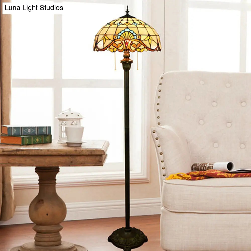 Baroque Brown Stained Glass Floor Lamp With Scalloped Dome Design Dual Heads Pull Chain - Ideal For