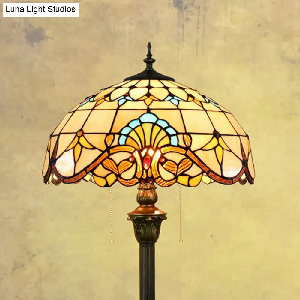 Baroque Brown Stained Glass Floor Lamp With Scalloped Dome Design Dual Heads Pull Chain - Ideal For