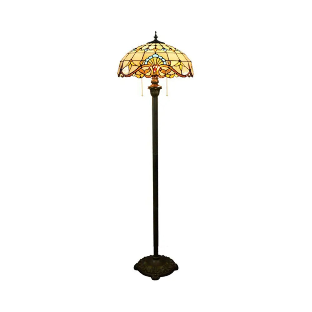 Baroque Brown Stained Glass Floor Lamp With Scalloped Dome Design Dual Heads Pull Chain - Ideal For