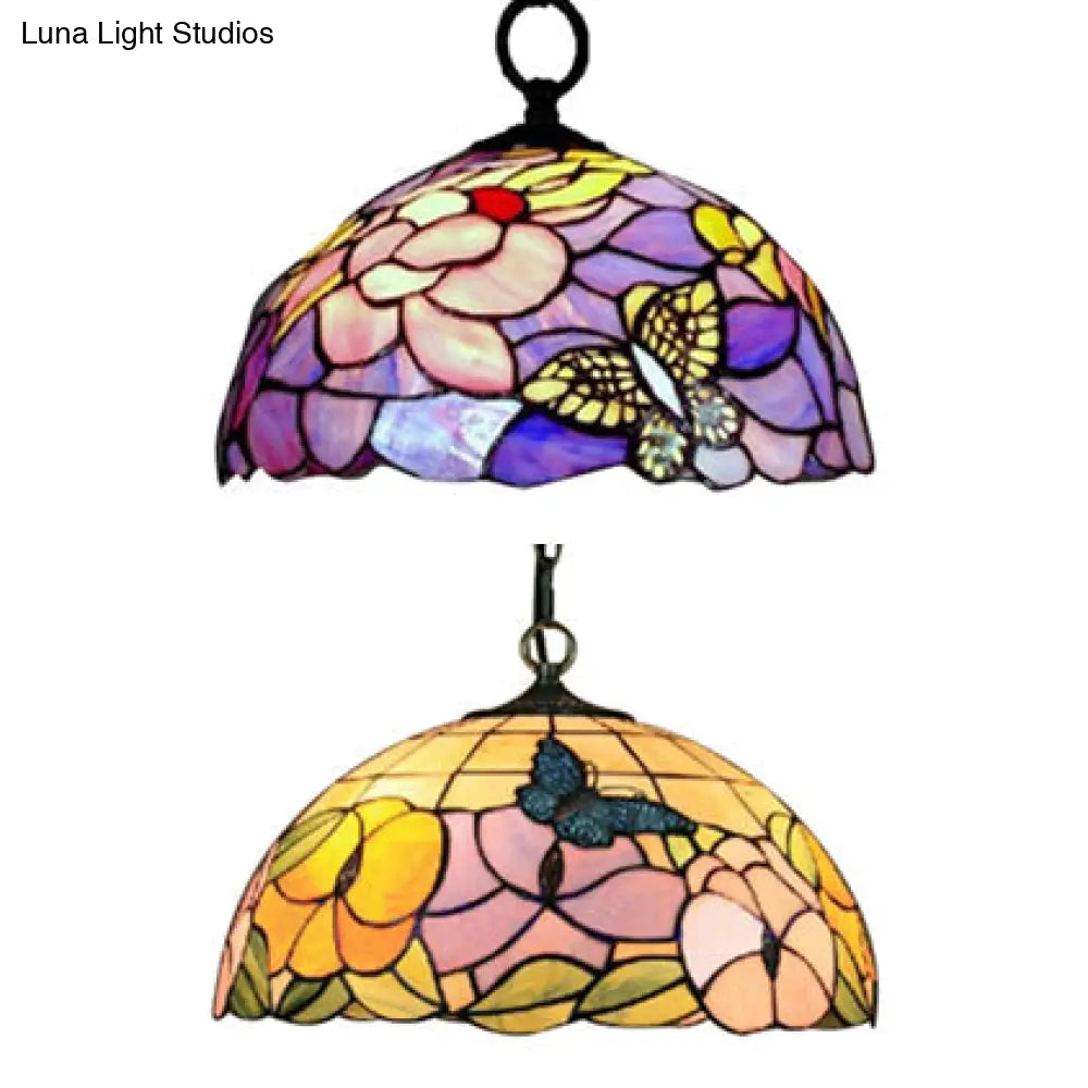 Baroque Butterfly Suspension Lamp - 1-Head Yellow/Purple Stained Glass Ceiling Light 12’/16’ Wide