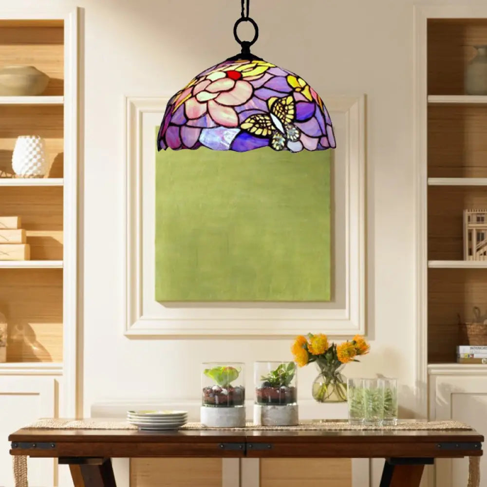 Baroque Butterfly Suspension Lamp - 1-Head Yellow/Purple Stained Glass Ceiling Light 12’/16’