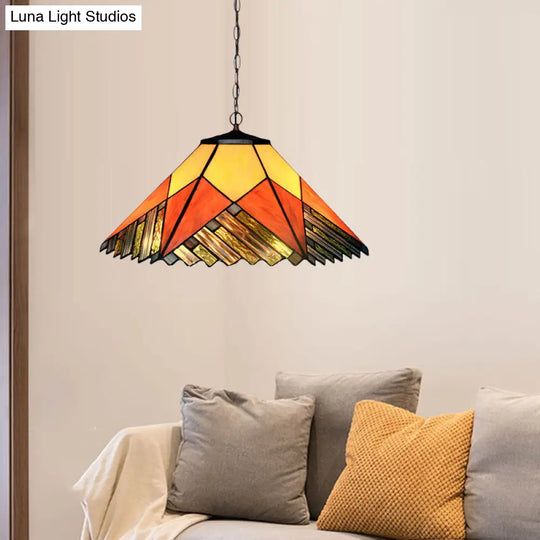 Baroque 2-Light Conical Cut Glass Hanging Chandelier With White/Yellow/Orange Shades - Bronze