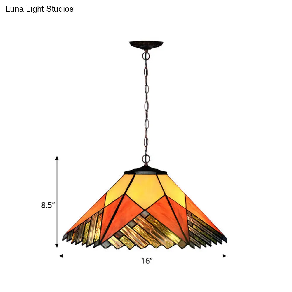 Baroque 2-Light Conical Cut Glass Hanging Chandelier With White/Yellow/Orange Shades - Bronze