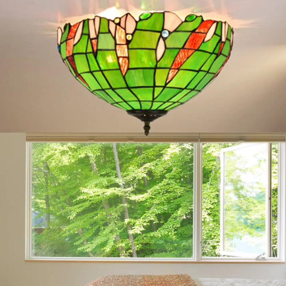 Baroque Cut Glass Domed Flush Mount Lighting Fixture With 3 Green Lights For Corridor