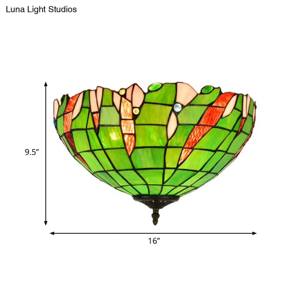 Baroque Cut Glass Domed Flush Mount Lighting Fixture With 3 Green Lights For Corridor