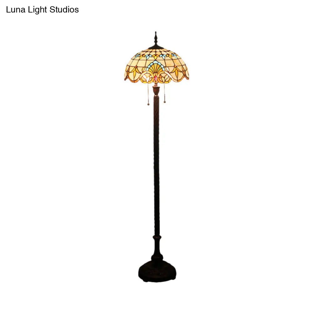 Baroque Dome Hand-Cut Glass Floor Lamp With Pull Chain - 2 Bulbs Black