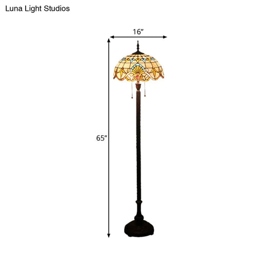 Baroque Dome Hand-Cut Glass Floor Lamp With Pull Chain - 2 Bulbs Black