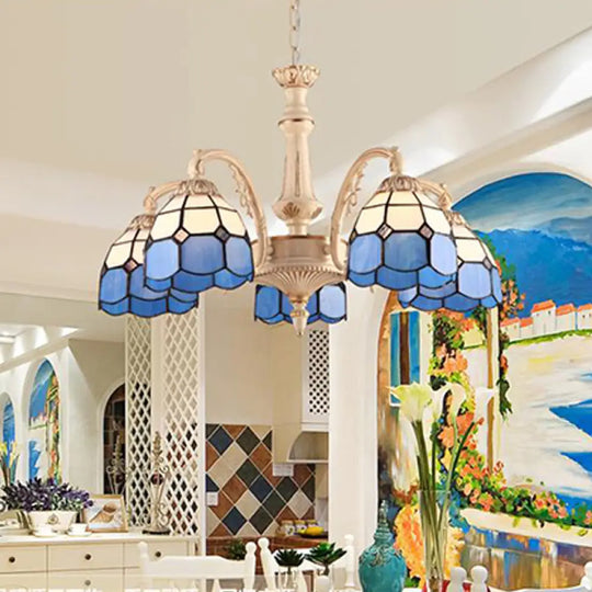 Baroque Dome Pendant Chandelier With Hand Cut Glass - 3/5 Lights Yellow And Blue Ideal For Kitchen