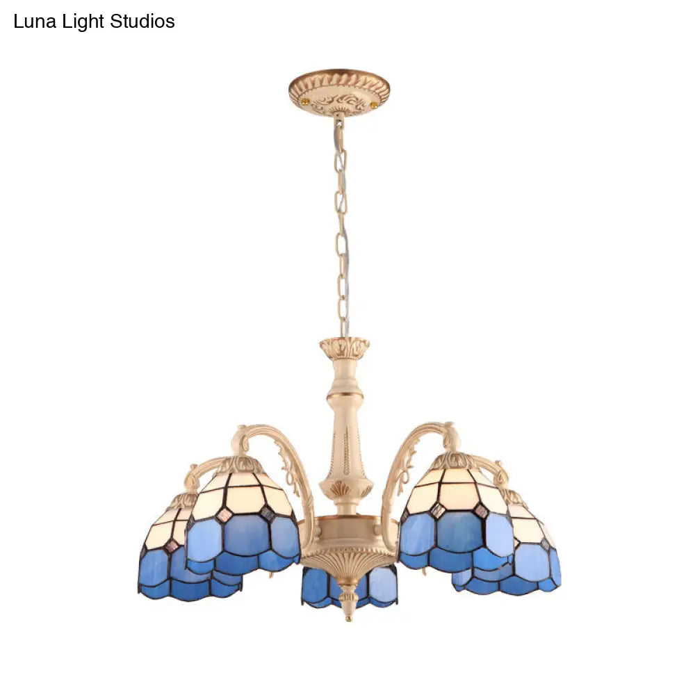 Baroque Yellow/Blue Hand Cut Glass Pendant Chandelier - 3/5 Lights Dome Ceiling Lamp For Kitchen