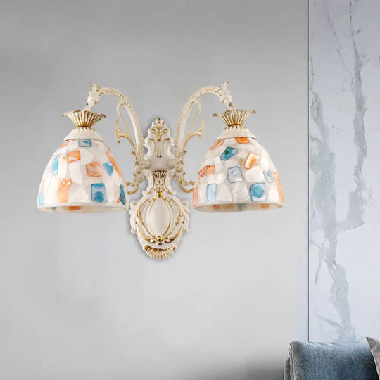 Baroque Dome Shell Mosaic Patterned Wall Lamp In White With Curved Arm 2 /