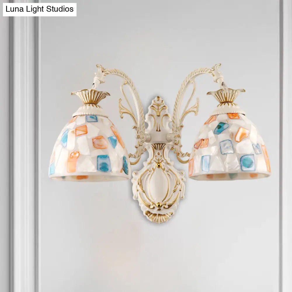 Baroque Dome Shell Mosaic Patterned Wall Lamp In White With Curved Arm