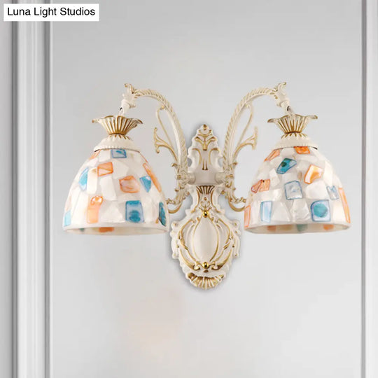 Baroque Dome Shell Mosaic Patterned Wall Lamp In White With Curved Arm