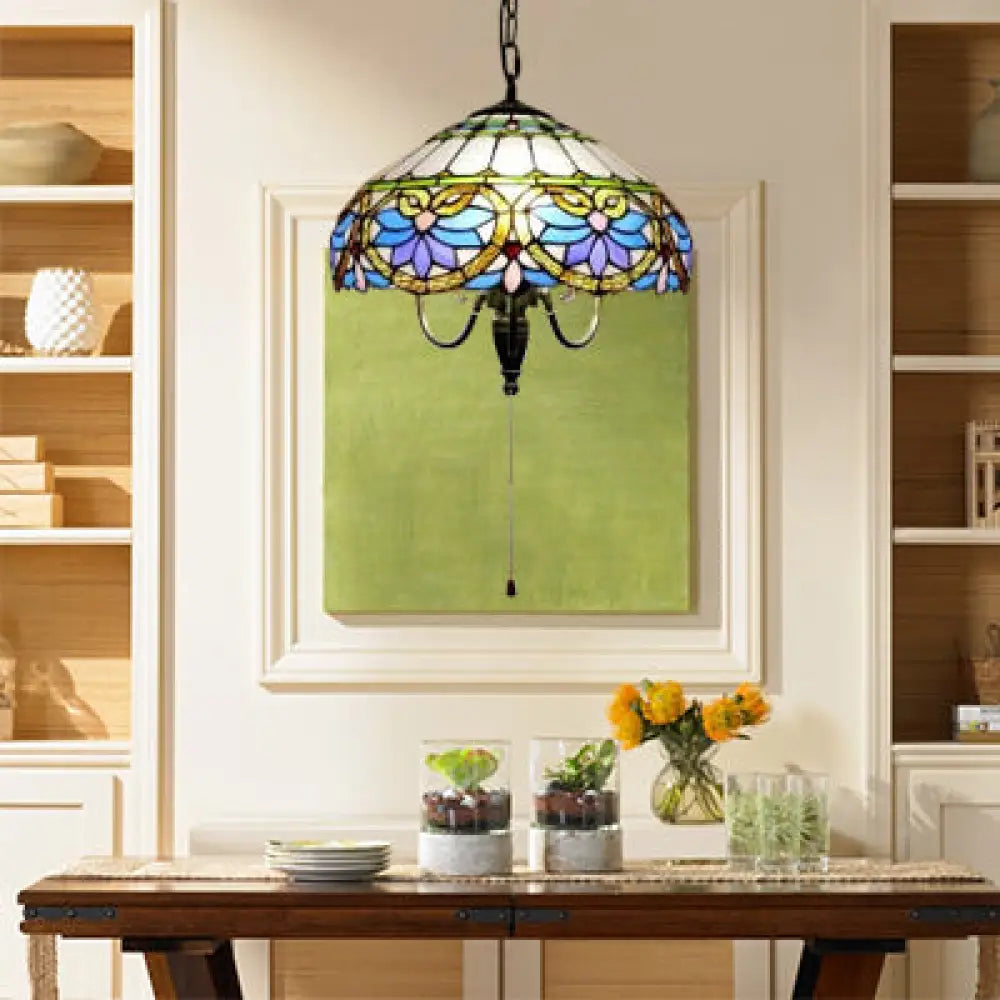 Baroque Domed Ceiling Lamp: Antique Brass Stained Glass Pendant Light With Adjustable Chain - 3