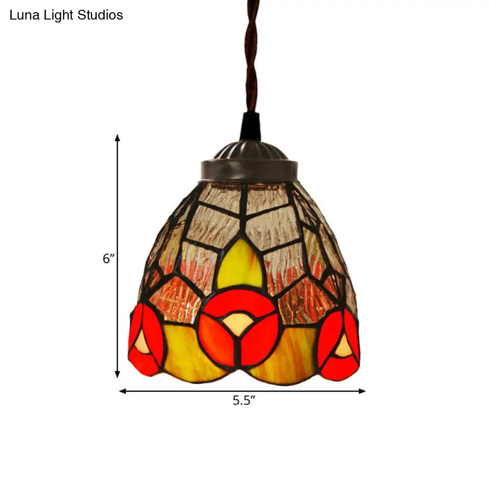 Baroque Dragonfly/Flower Stained Glass Pendant: Red/Green Kitchen Lighting Fixture