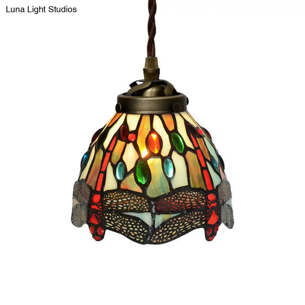 Baroque Dragonfly/Flower Stained Glass Pendant: Red/Green Kitchen Lighting Fixture