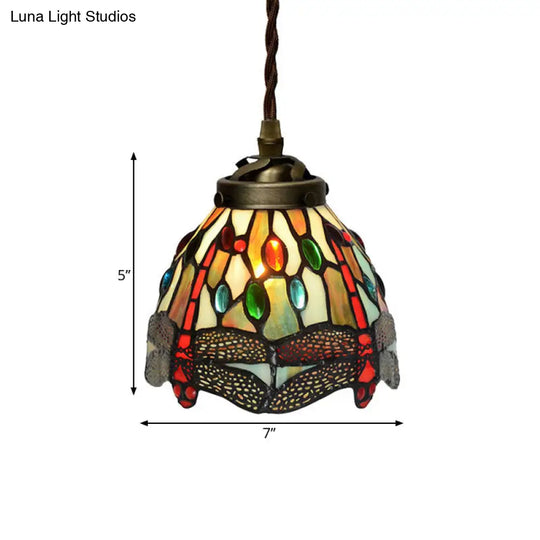 Baroque Dragonfly/Flower Stained Glass Pendant Light For Kitchen