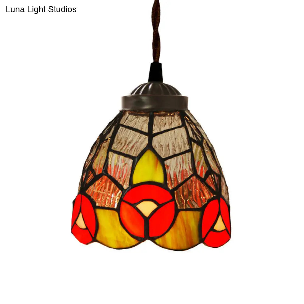 Baroque Dragonfly/Flower Stained Glass Pendant: Red/Green Kitchen Lighting Fixture