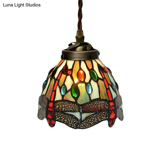 Baroque Dragonfly/Flower Stained Glass Pendant Light For Kitchen