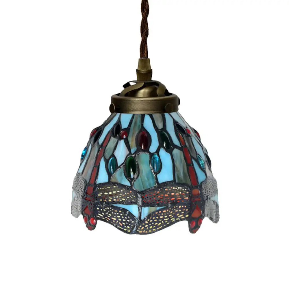 Baroque Dragonfly/Flower Stained Glass Pendant Light For Kitchen Green