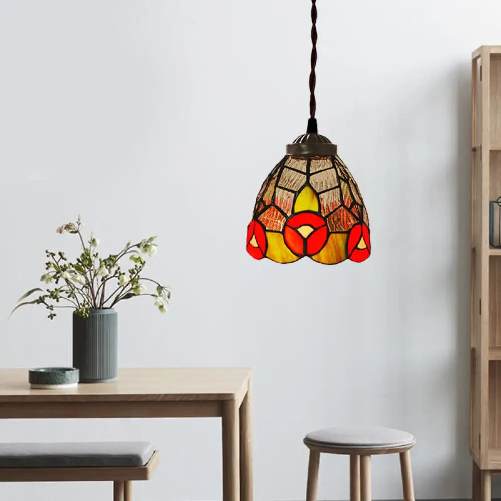 Baroque Dragonfly/Flower Stained Glass Pendant Light For Kitchen Red