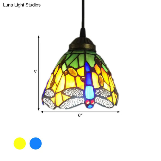 Baroque Dragonfly Stained Glass Pendant Light With 1-Bulb Drop - Bell